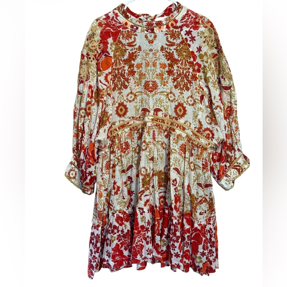 Free People Floral Boho Mini Dress Large Bell Sleeve Tie Back Peasant